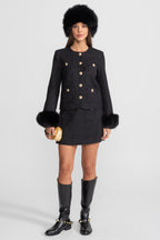 Tweed Blazer With Faux Fur Cuffs And Gold Buttons – Black