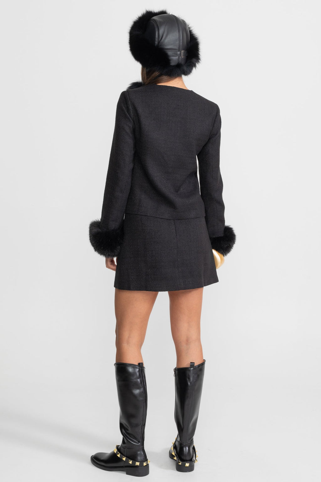 Tweed Blazer With Faux Fur Cuffs And Gold Buttons – Black