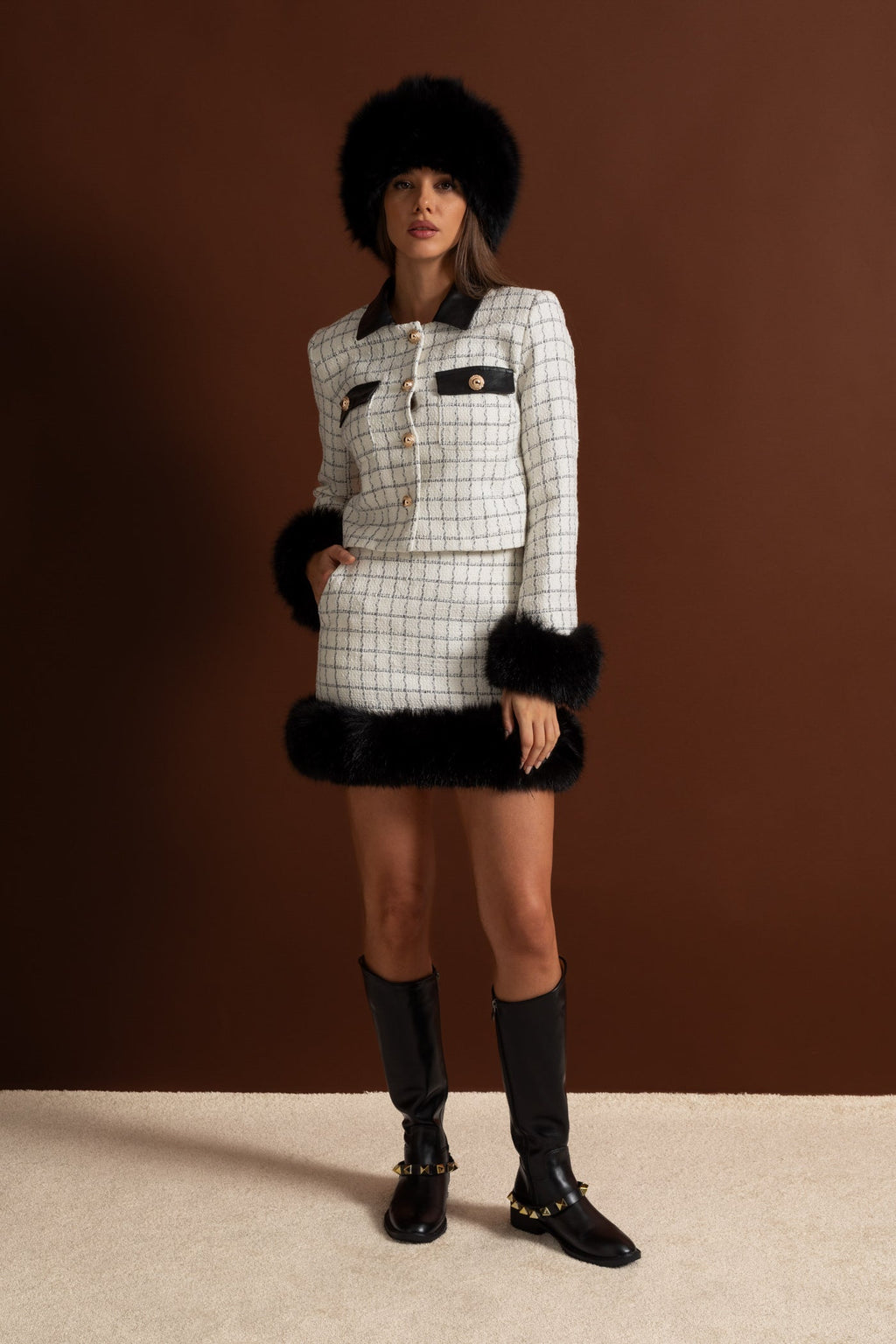 Tweed Co-Ord Set With Faux Fur Trim And Contrast Leather Details – White And Black