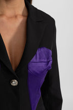 Tailored Satin Panel Blazer With Contrasting Bust Panels – Black & Purple