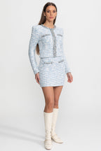 Embellished Tweed Co-Ord Set with Crystal Trim – Light Blue
