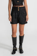 Embellished Co-Ord 3 Piece Set With Cropped Jacket, Lace Trim Top And High-Waist Shorts – Black