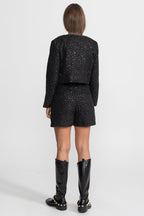 Embellished Co-Ord 3 Piece Set With Cropped Jacket, Lace Trim Top And High-Waist Shorts – Black