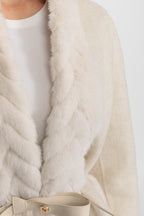 Wool Blend Belted Coat with Textured Sable Fur Panel – Ivoire