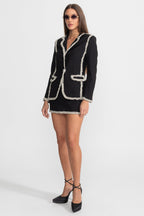 Tweed Set With Sparkling Trim Blazer And Matching Mini Skirt - Black