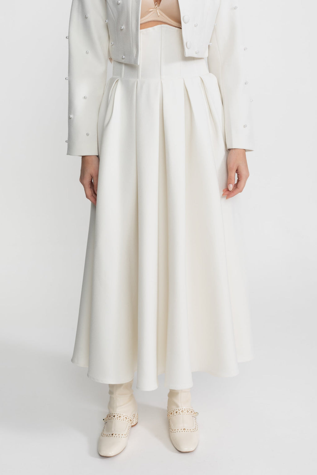 Pearl-Embellished Co-Ord Set with Cropped Jacket and Full Skirt – White