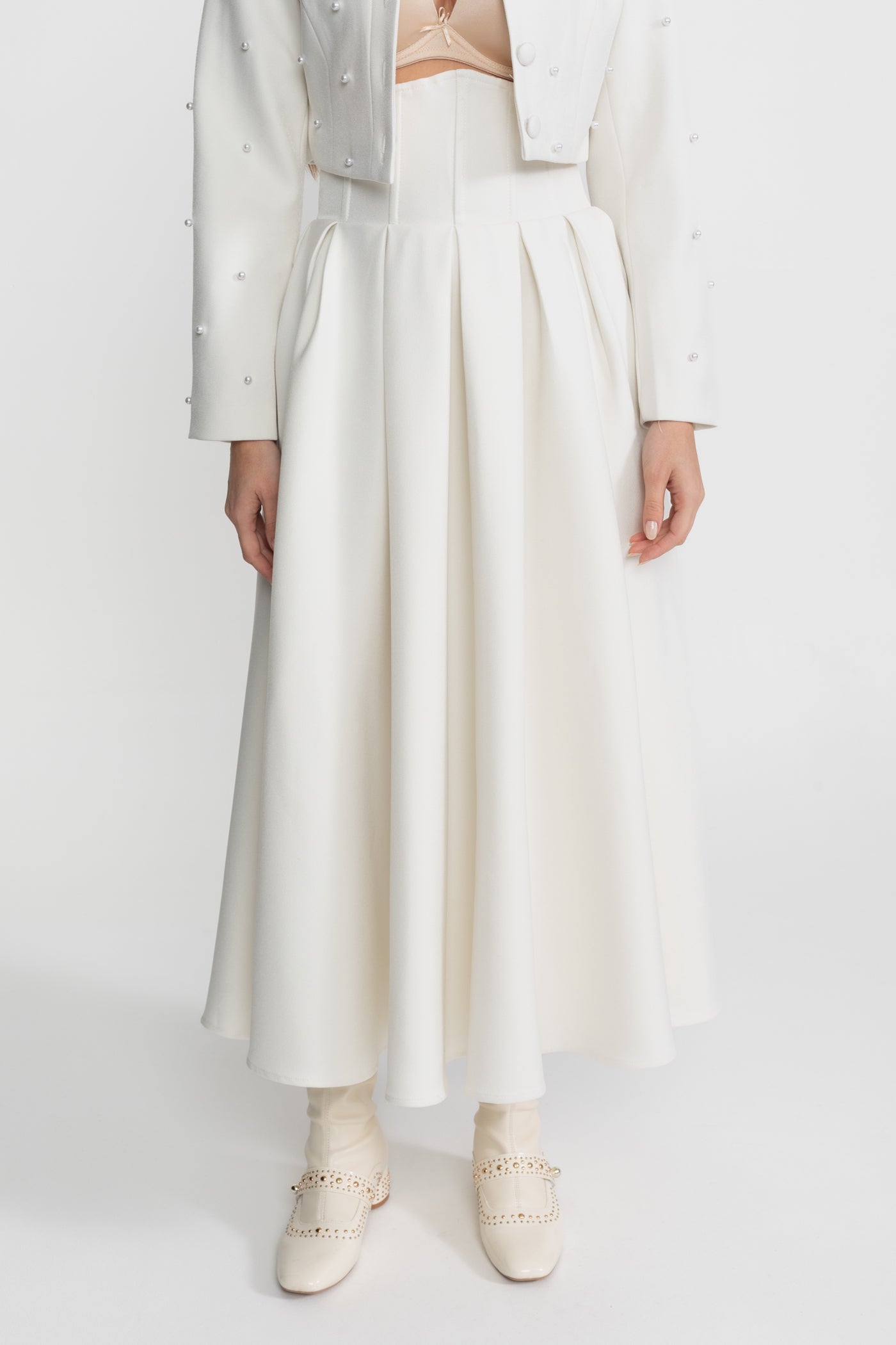 Pearl-Embellished Co-Ord Set with Cropped Jacket and Full Skirt – White