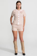 Pastel Tweed Co-ord Set With Satin Collar – Pink & Green