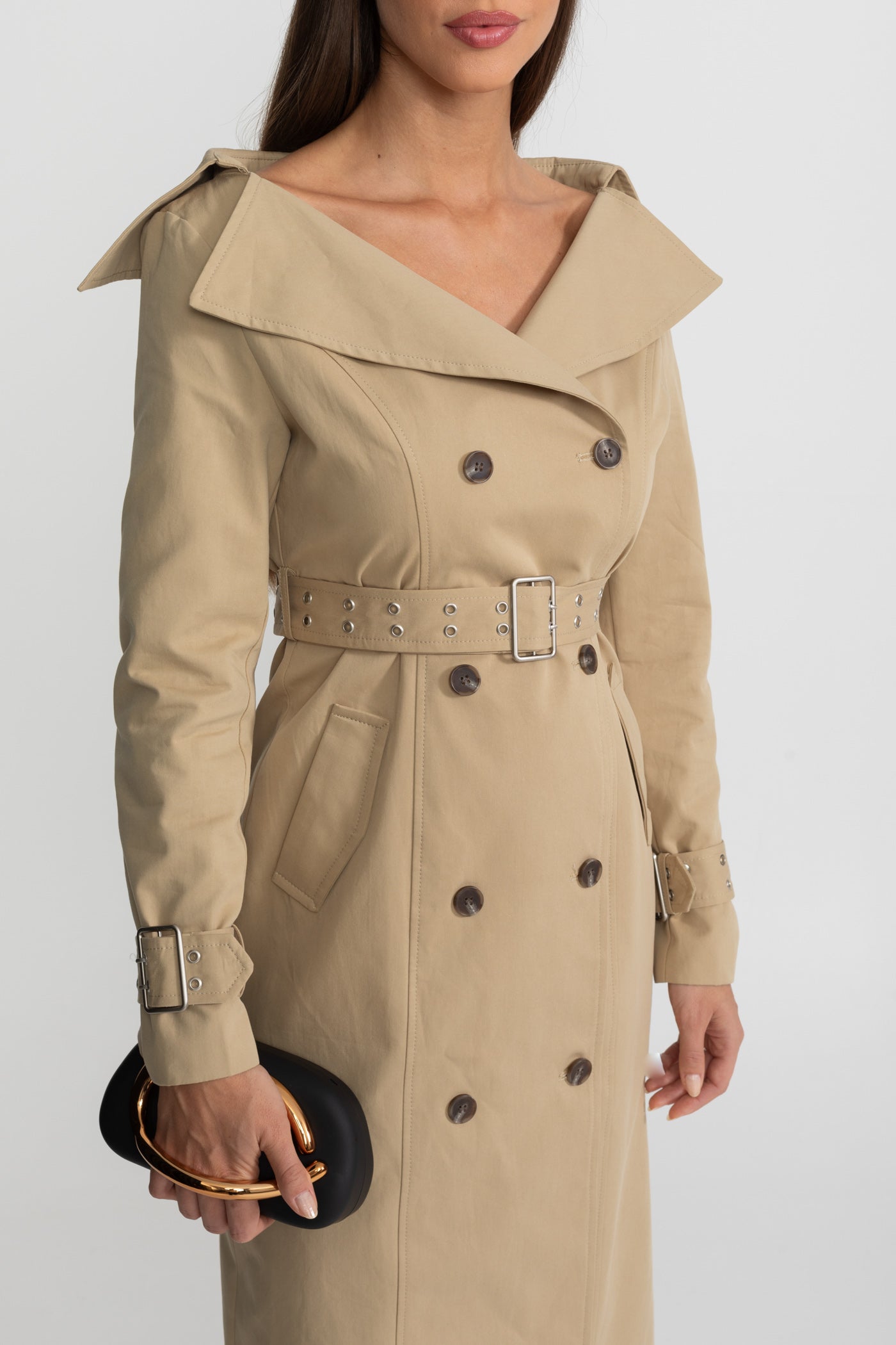 Off-Shoulder Double-Breasted Trench Coat Dress With Belted Waist – Brown