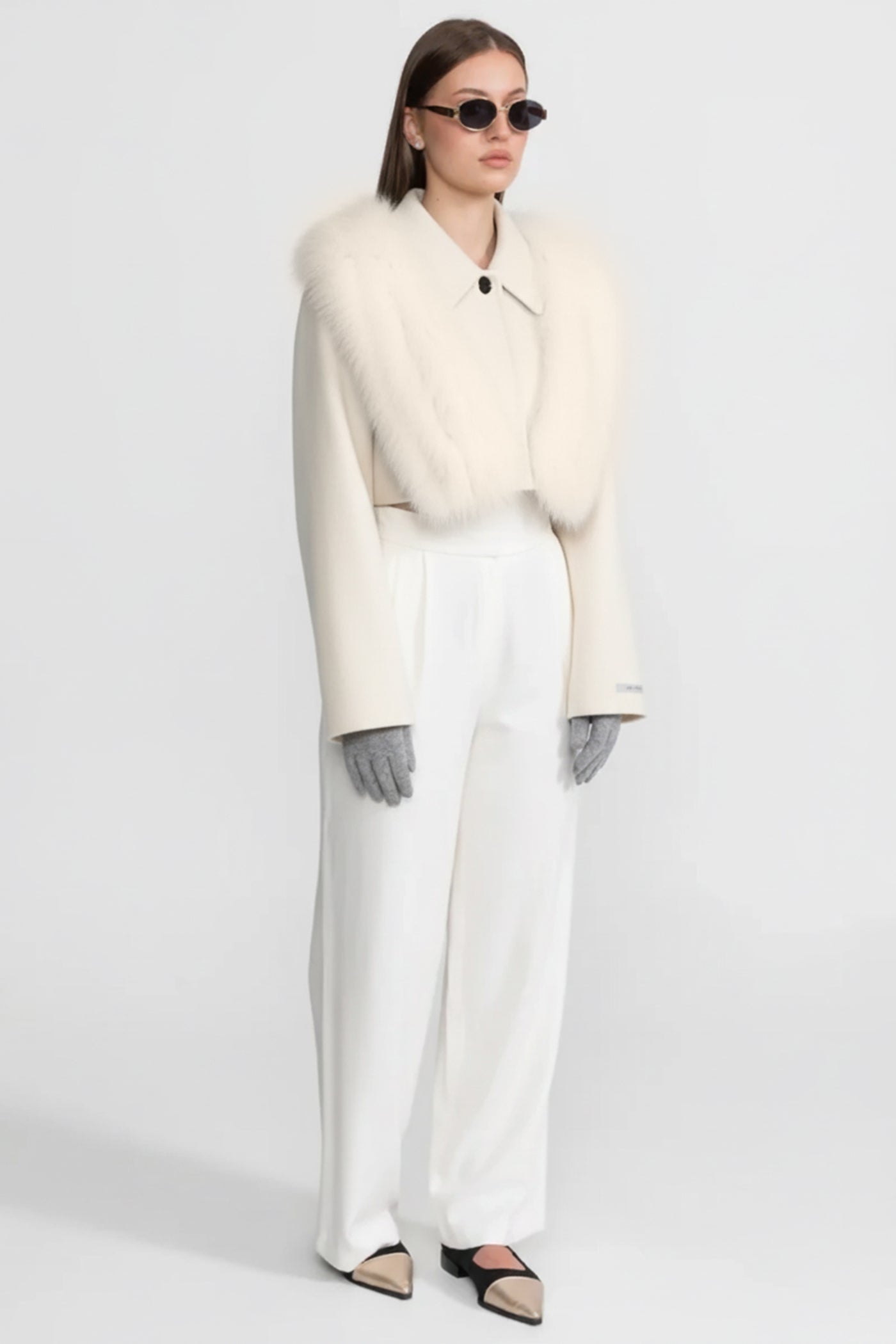 Wool Cropped Jacket with Fox Fur Collar – Ivoire